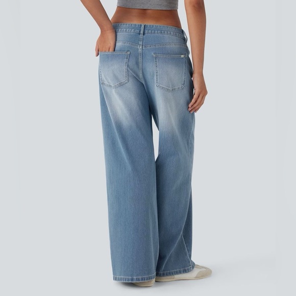 Halara Flex Asymmetric Low Rise Zipper Pockets Baggy Wide Leg jeans Sz Small - Picture 3 of 15